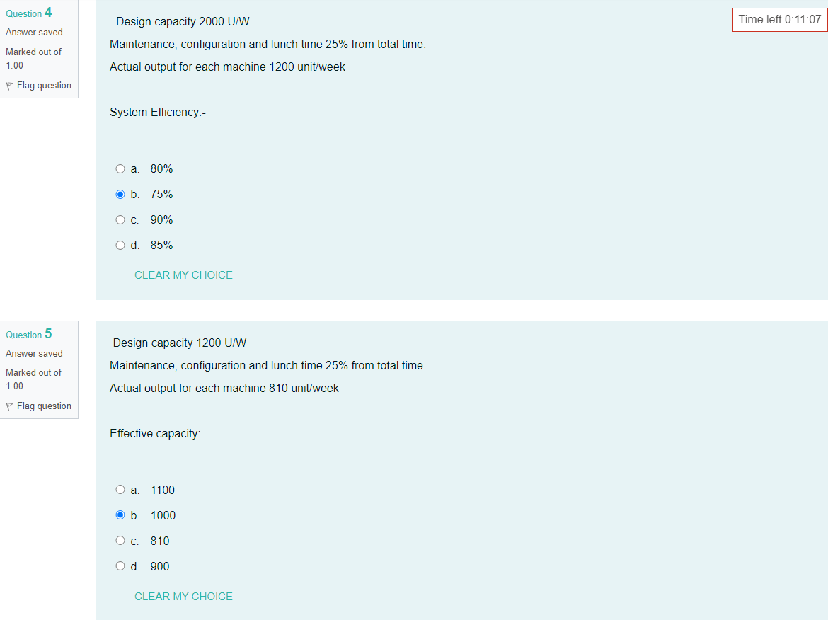 Question 4 Time left 0:11:07 Answer saved Design