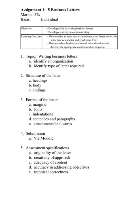 Assignment 1: 5 Business Letters Marks: 5% Basis: