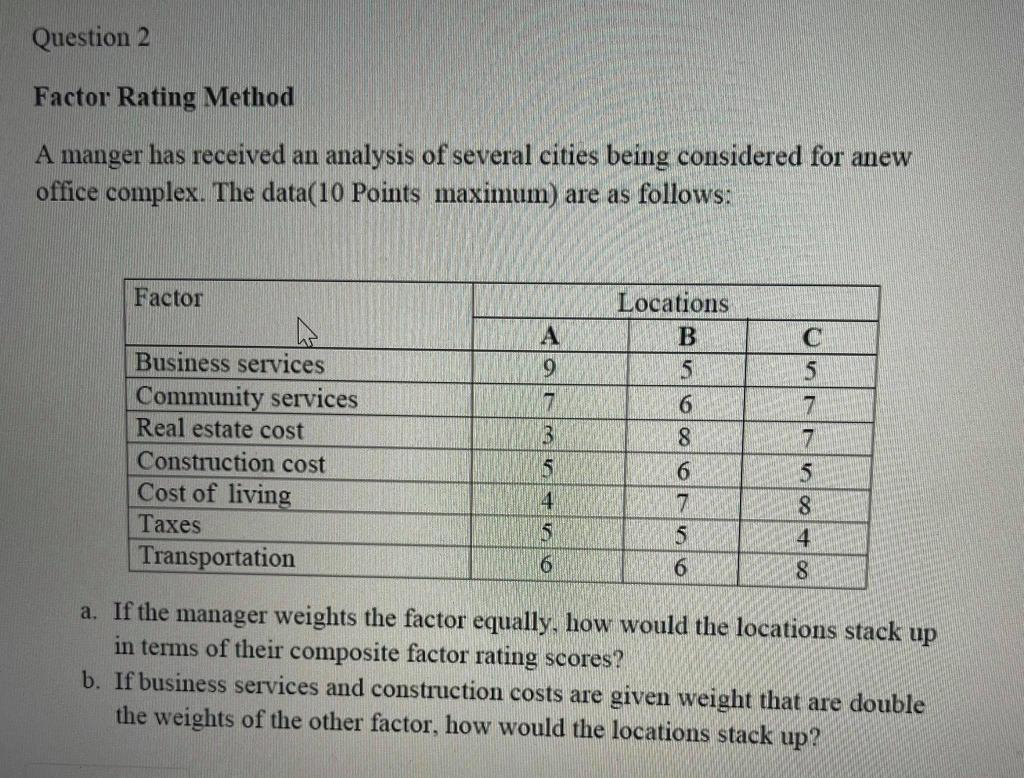 Question 2 Factor Rating Method A manger has