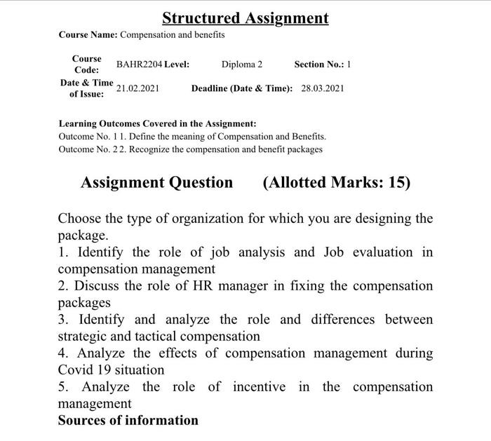 Structured Assignment Course Name: Compensation