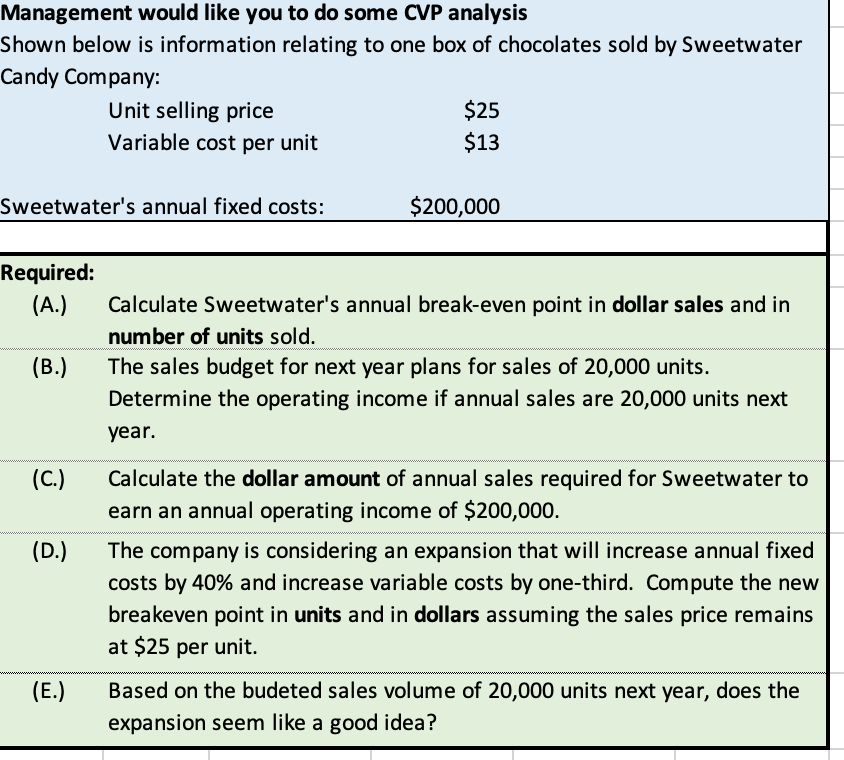 Management would like you to do some CVP analysis