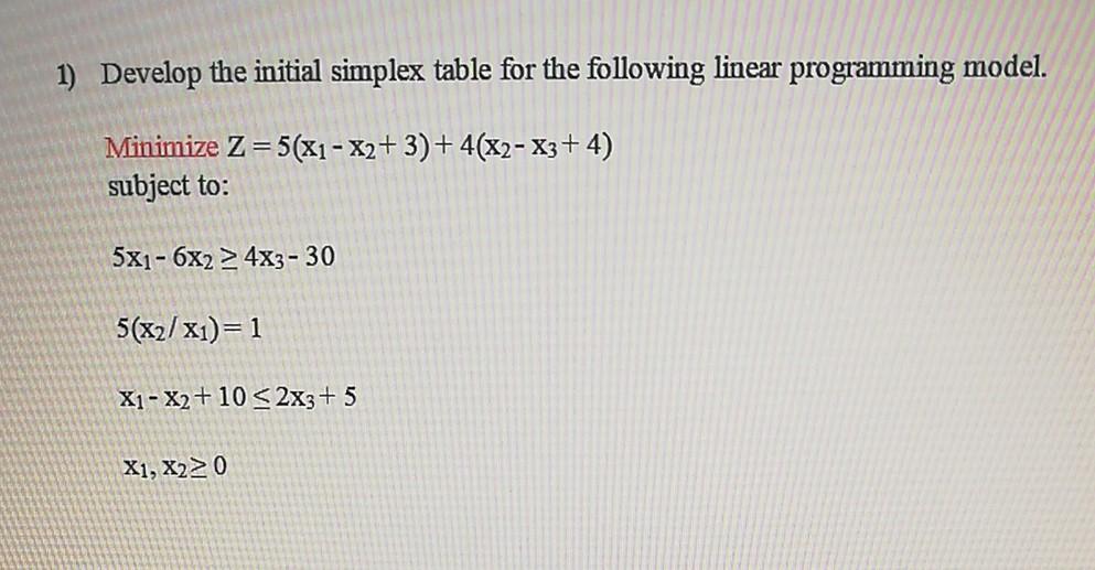 1) Develop the initial simplex table for the