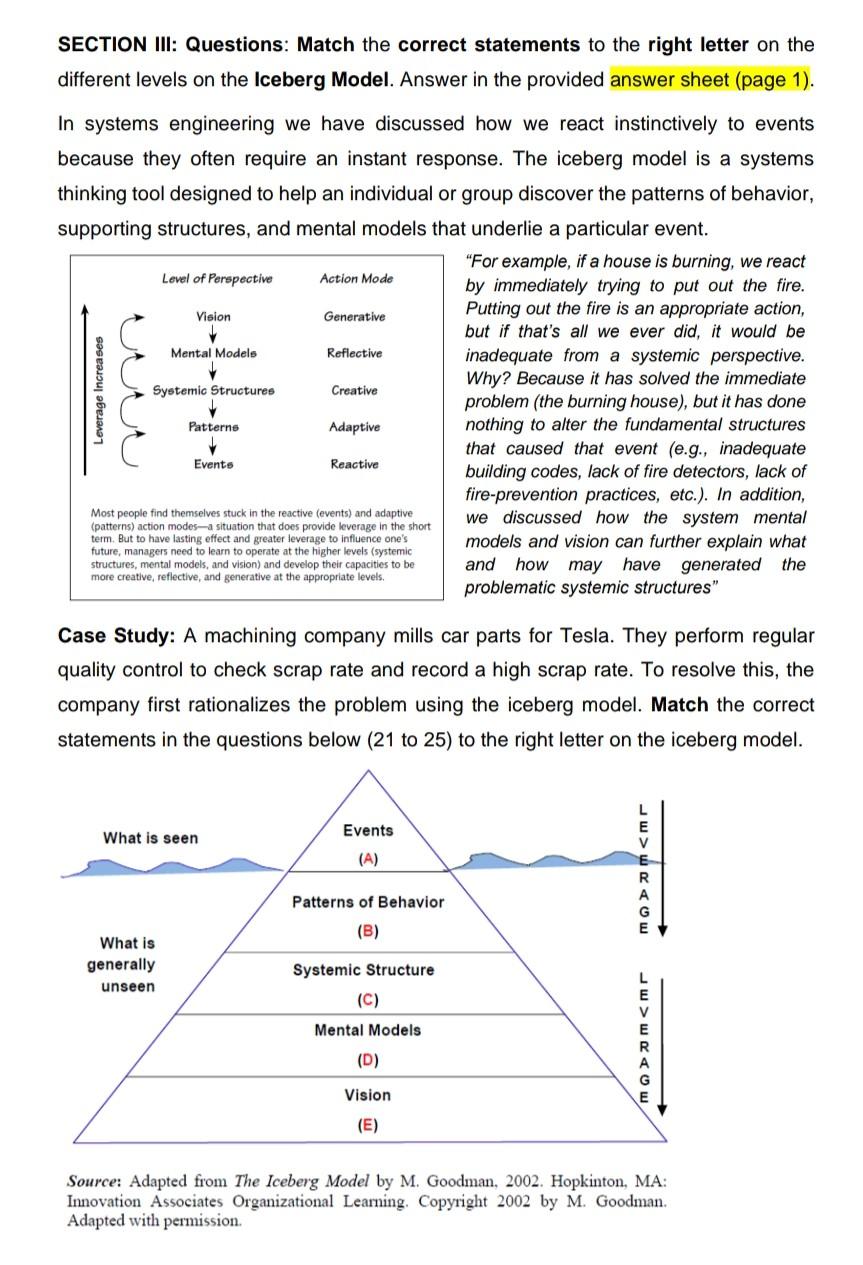 Read the question SECTION III: Questions: Match