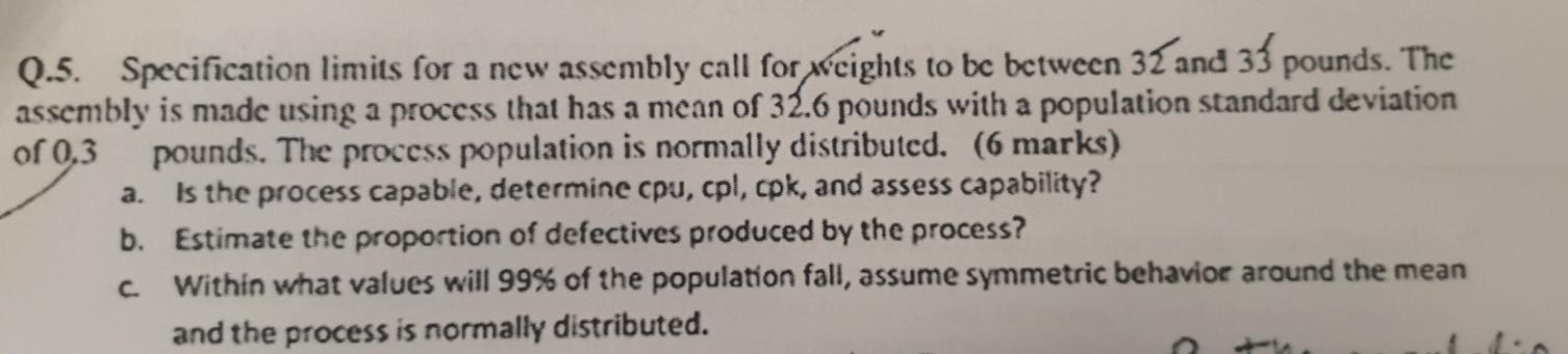 Q.5. Specification limits for a new assembly call