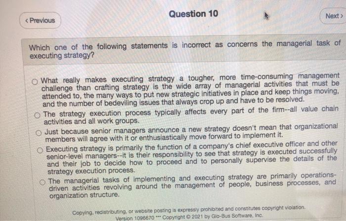 Question 10 Next > < Previous Which one of the