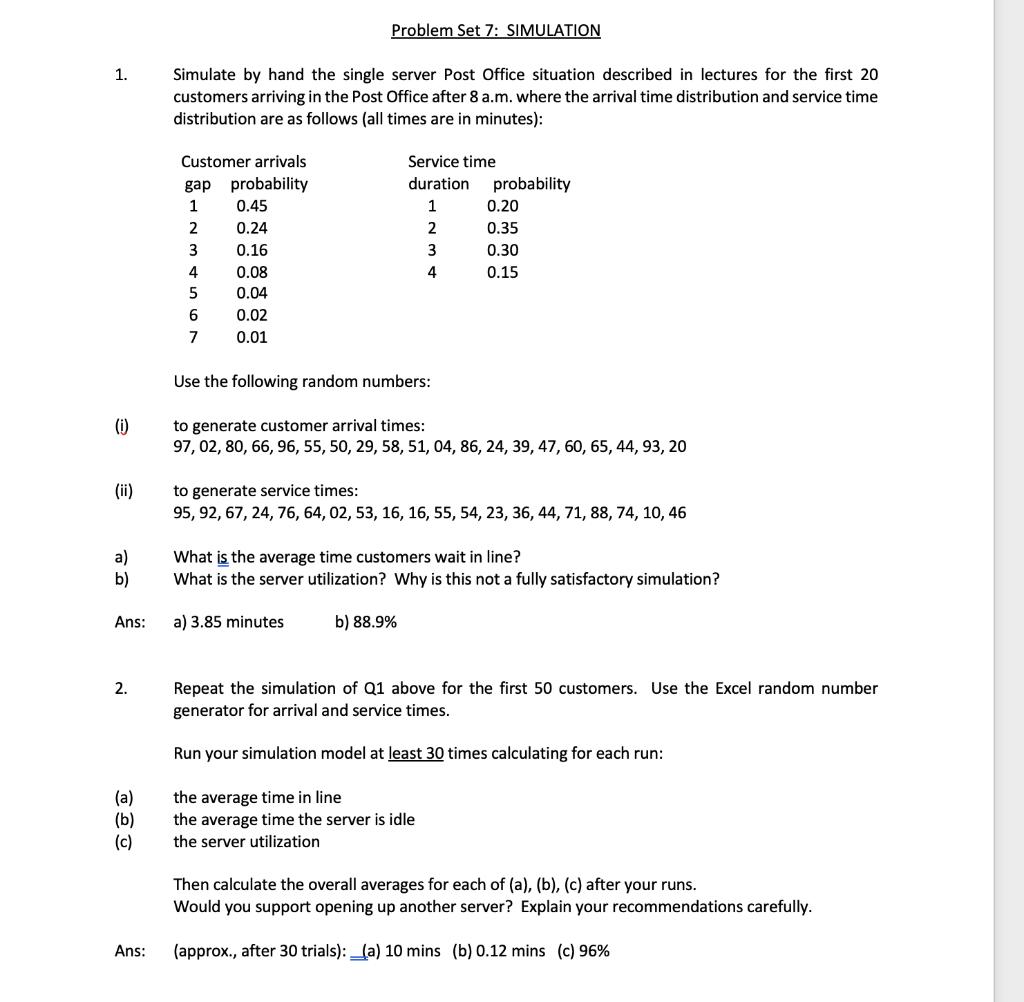 number 2 Problem Set 7: SIMULATION Simulate by