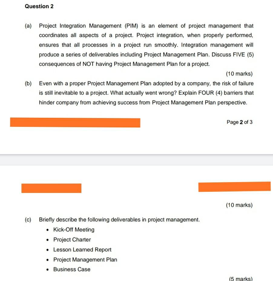 Question 2 (a) Project Integration Management