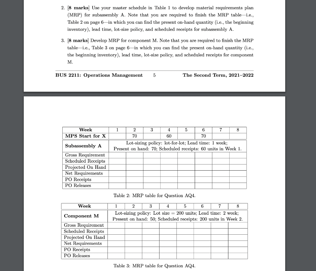 AQ4. MPS and MRP [30 marks) A firm assembles two