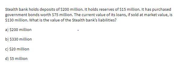 Stealth bank holds deposits of $200 million. It
