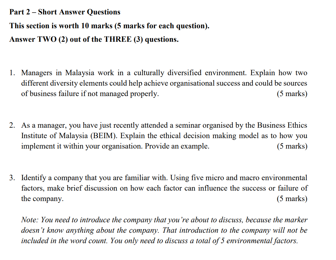Part 2 - Short Answer Questions This section is