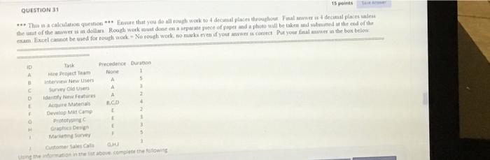 QUESTION 31 15 points *** The calculation