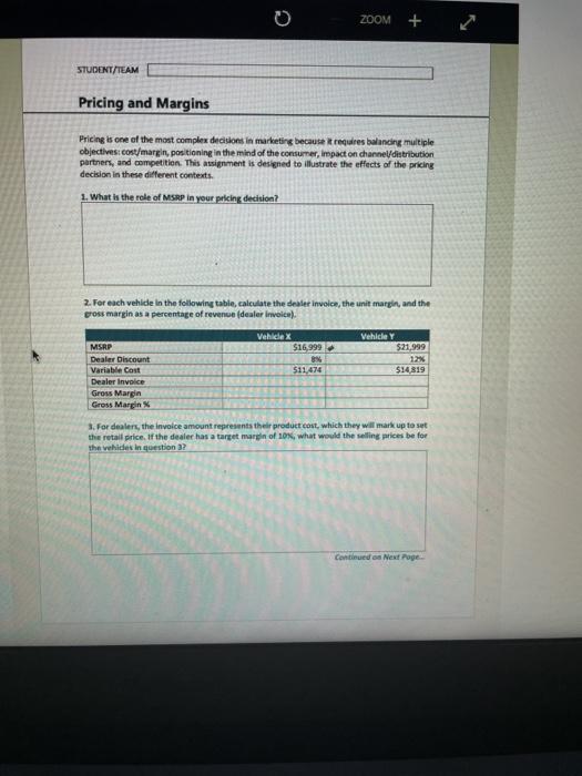ZOOM + STUDENT TEAM Pricing and Margins Pricing