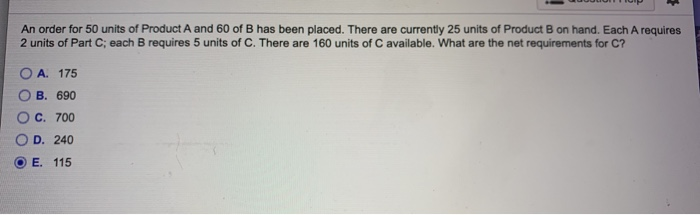 An order for 50 units of Product A and 60 of B