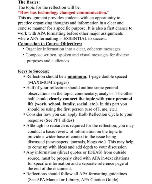 The Basics: The topic for the reflection will be: