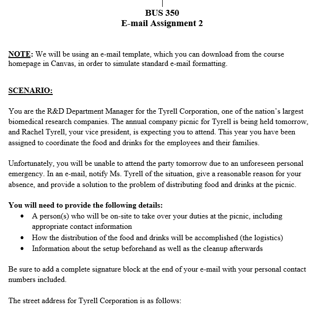 BUS 350 E-mail Assignment 2 NOTE: We will be