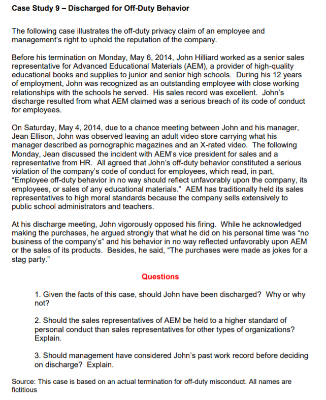 Case Study 9 - Discharged for Off-Duty Behavior