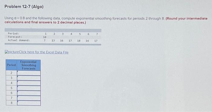 Problem 12-7 (Algo) Using a = 0.8 and the