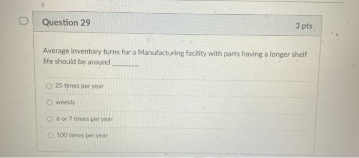 Question 29 3 pts Average inventory turns for a