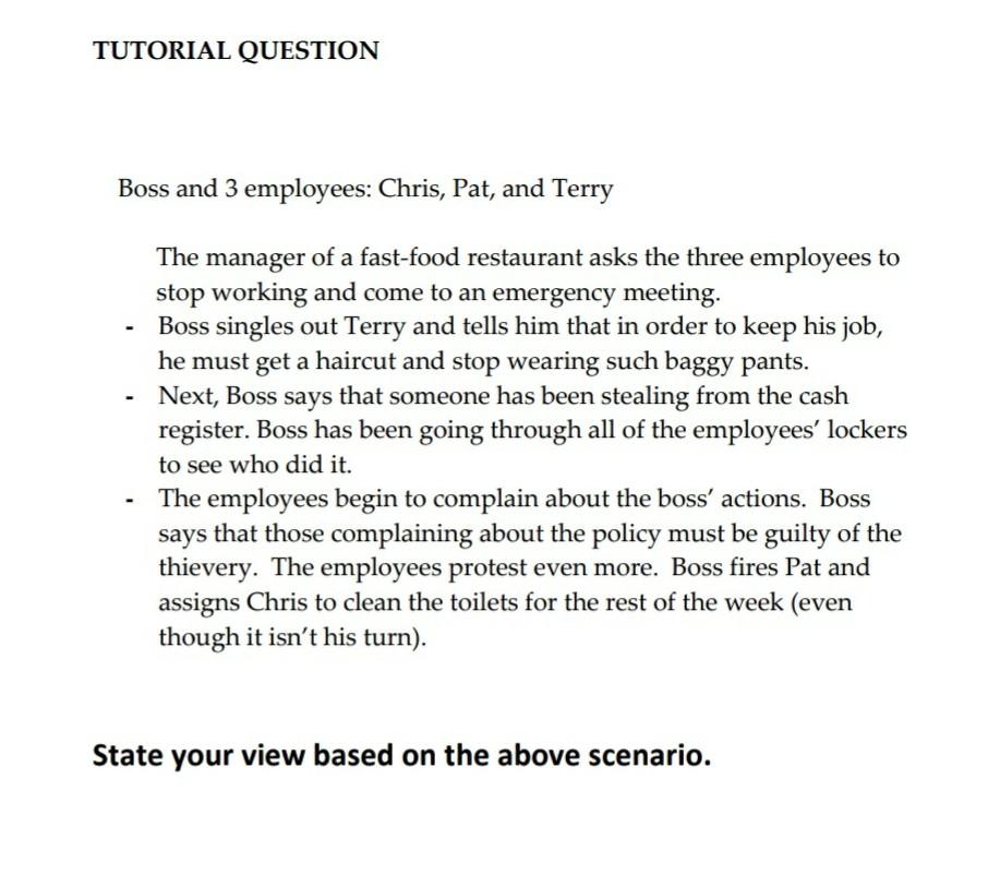 TUTORIAL QUESTION Boss and 3 employees: Chris,