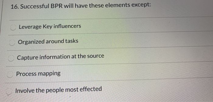 16. Successful BPR will have these elements