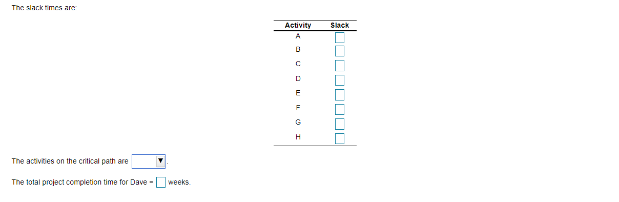 The slack times are: Slack Activity B D E F G H