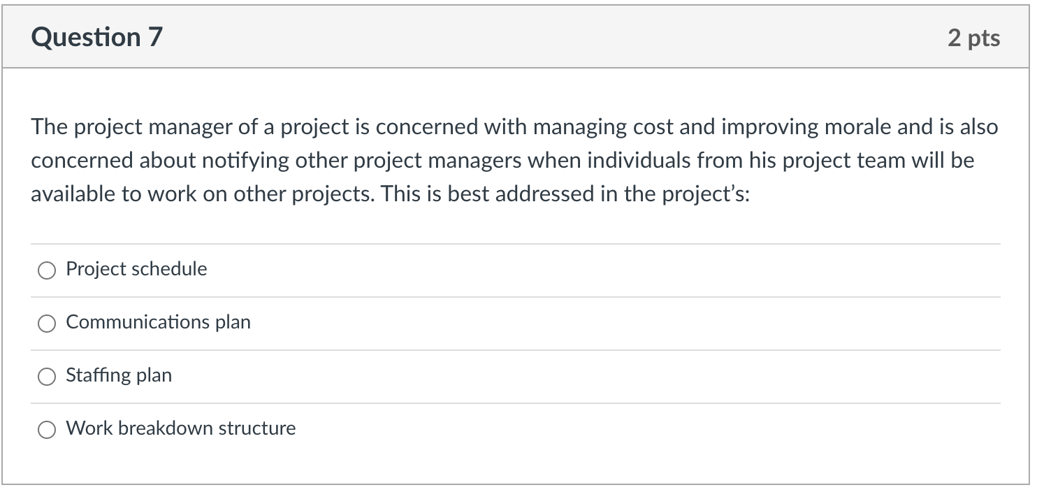 Question 7 2 pts The project manager of a project