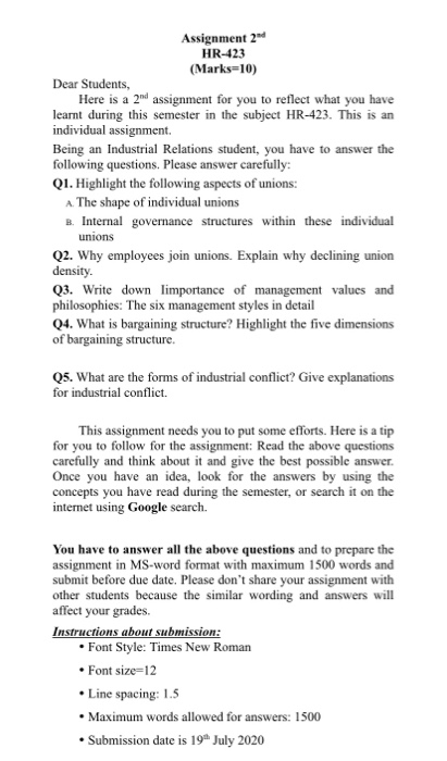 Assignment 2 HR-423 (Marks=10) Dear Students,