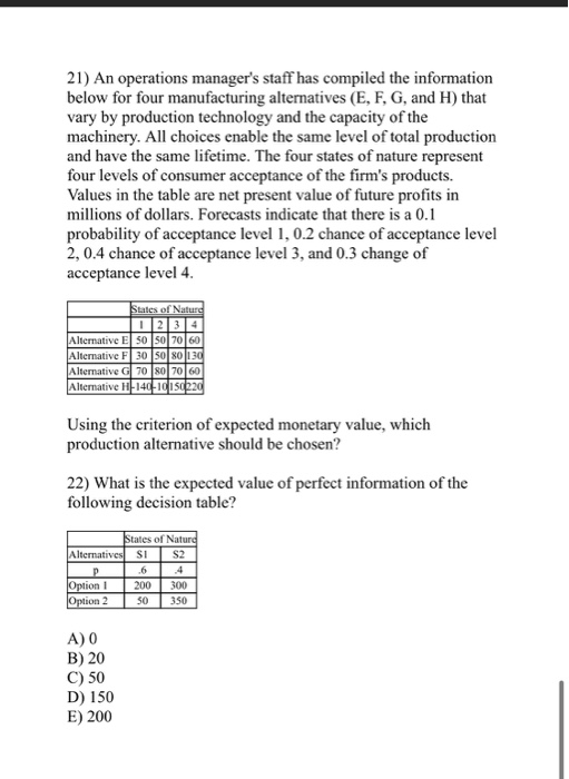 21) An operations manager's staff has compiled