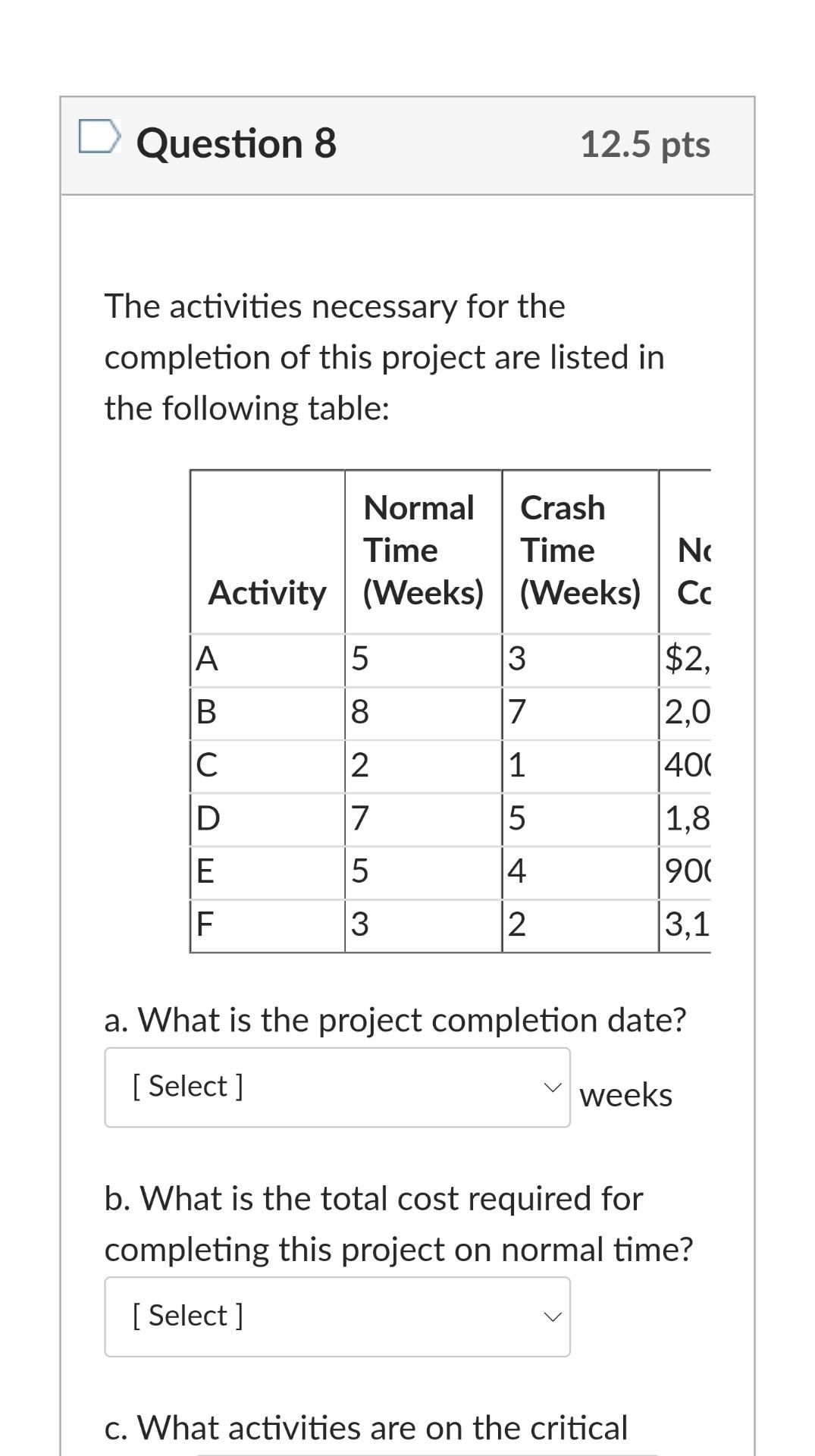Question 8 12.5 pts The activities necessary for