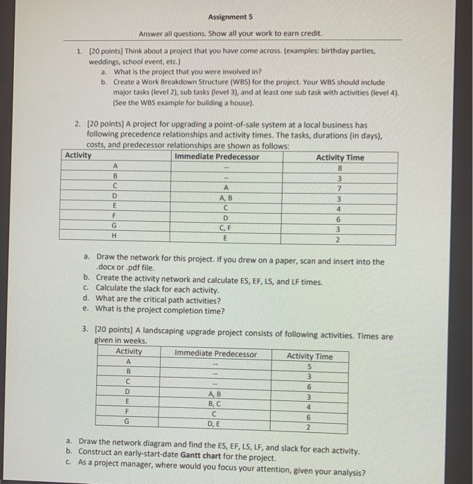 Assignment 5 Answer all questions. Show all your