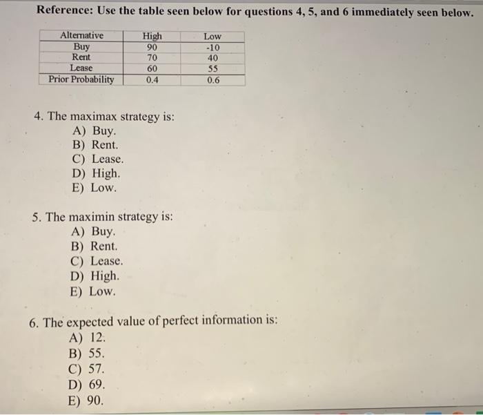 Reference: Use the table seen below for questions