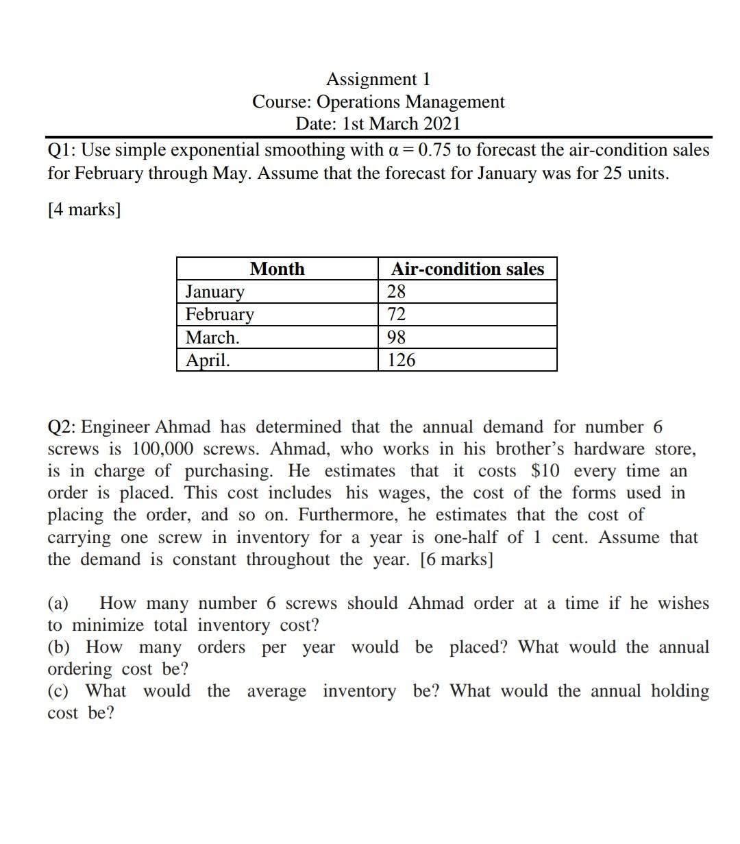 Assignment 1 Course: Operations Management Date: