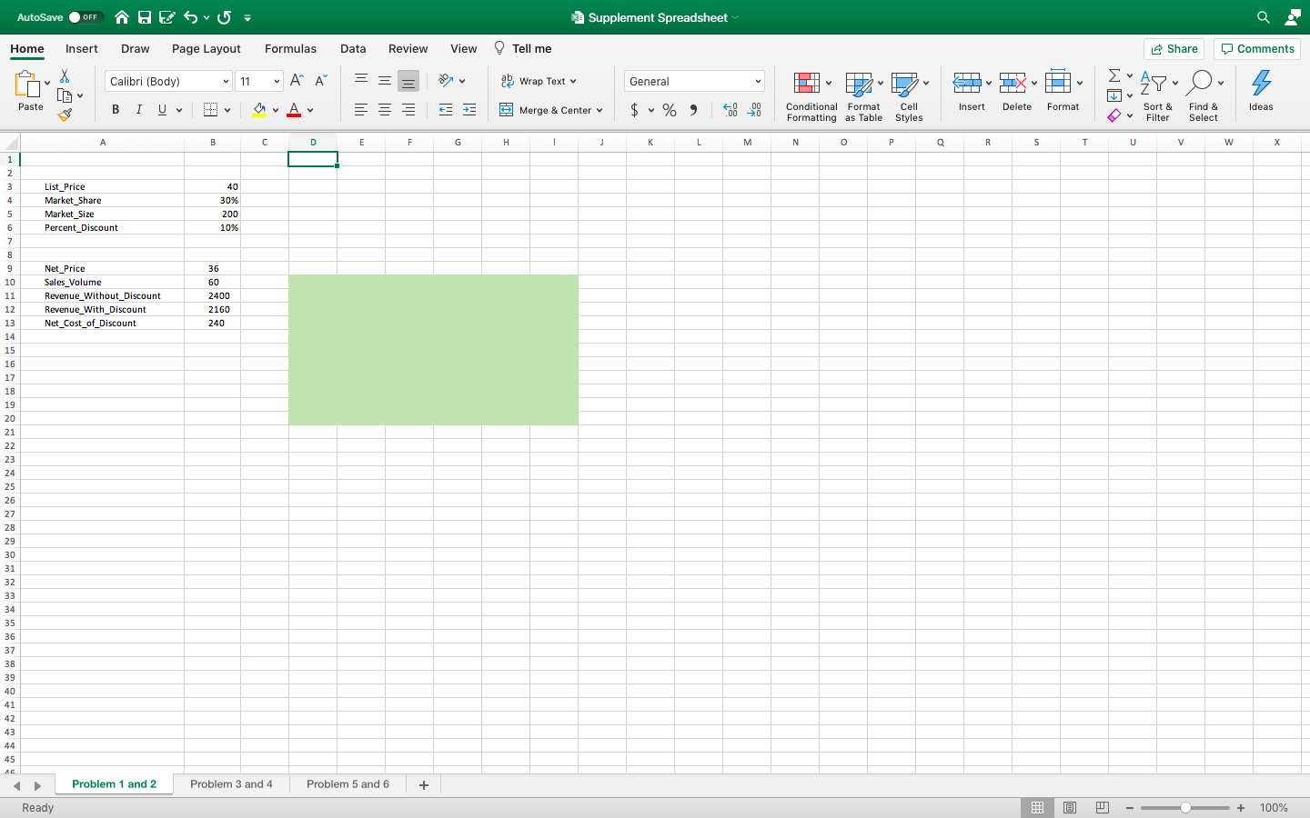 In cells D10:I20 (the green area), create a data