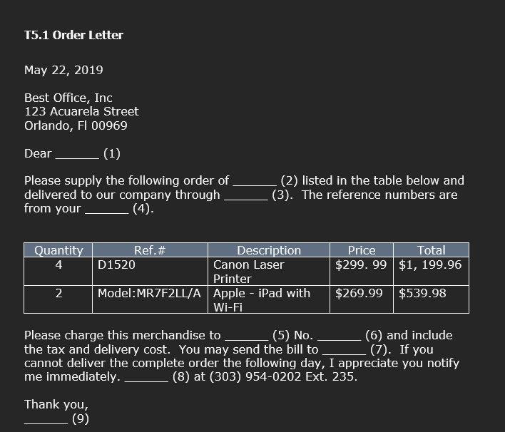 Questions Answers T5.1 Order Letter May 22, 2019