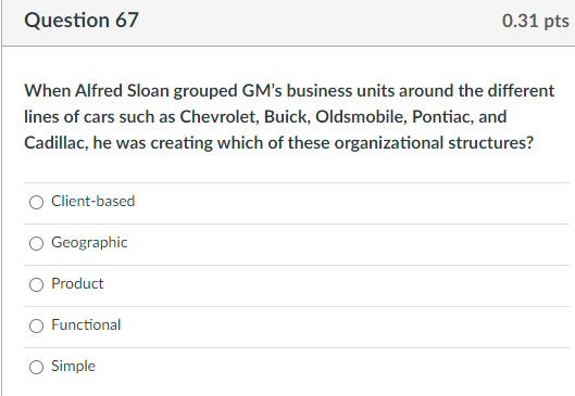 Question 67 0.31 pts When Alfred Sloan grouped