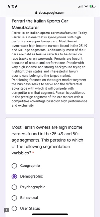 9:09 docs.google.com Ferrari the Italian Sports