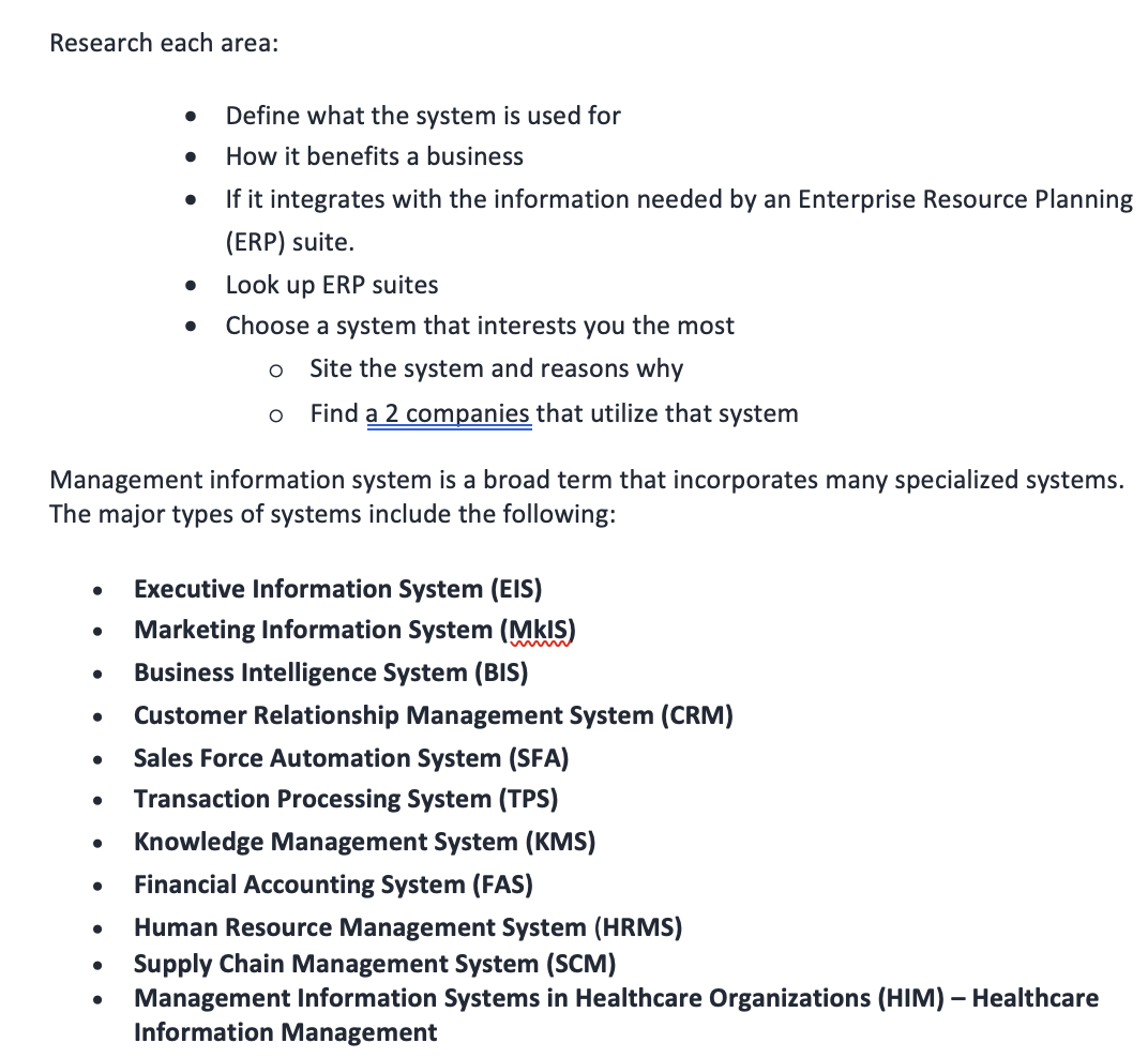 Research each area: . . Define what the system is