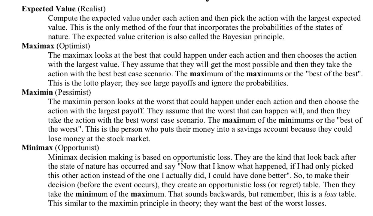 Expected Value (Realist) Compute the expected