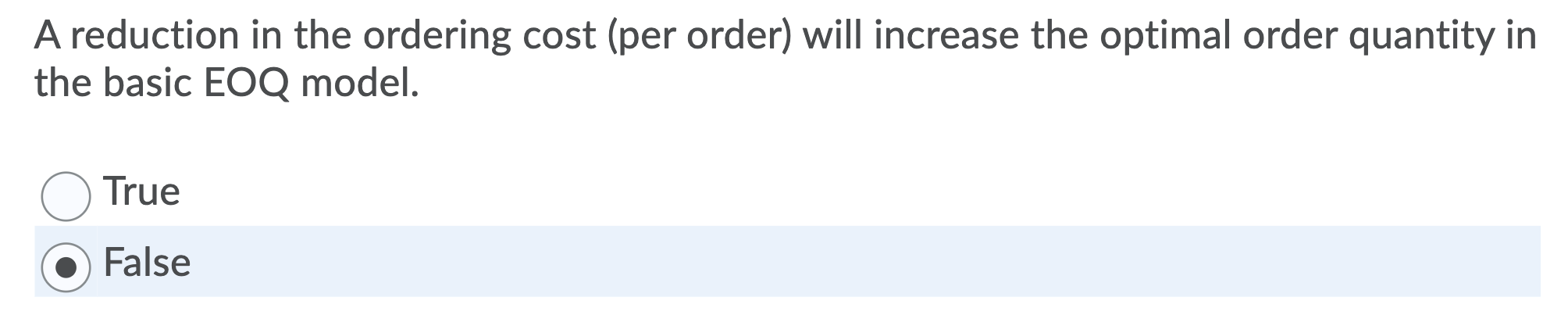 A reduction in the ordering cost (per order) will