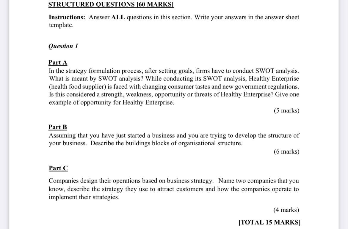 STRUCTURED QUESTIONS [60 MARKS] Instructions: