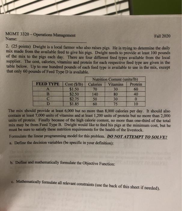 MGMT 3320 - Operations Management Fall 2020 Name: