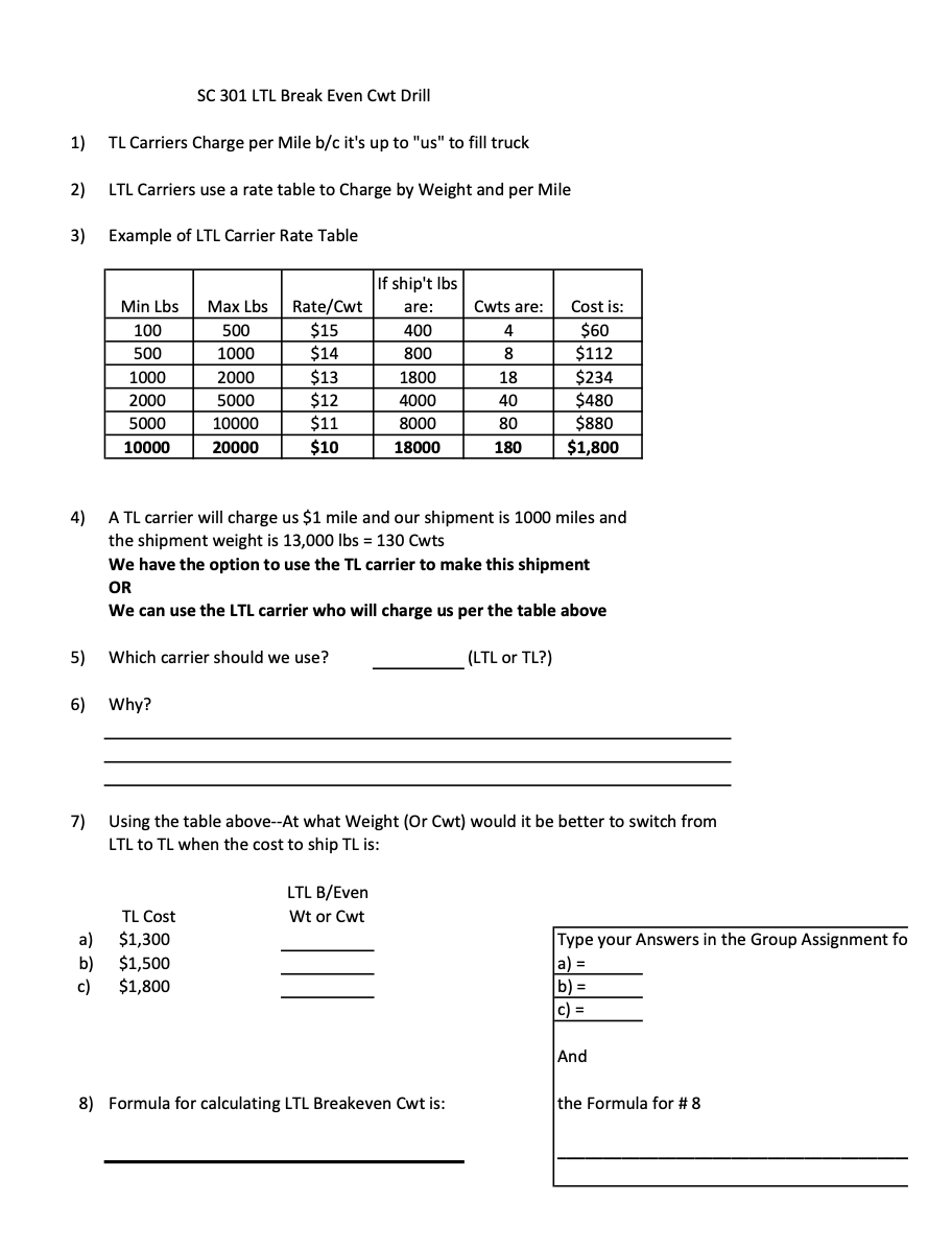 SC 301 LTL Break Even Cwt Drill 1) TL Carriers