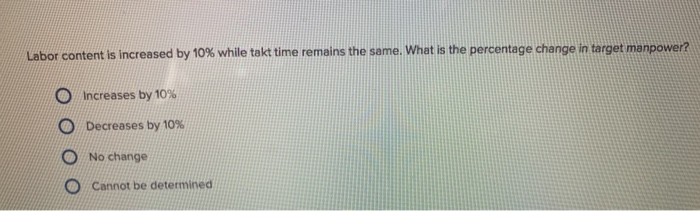 Labor content is increased by 10% while takt time