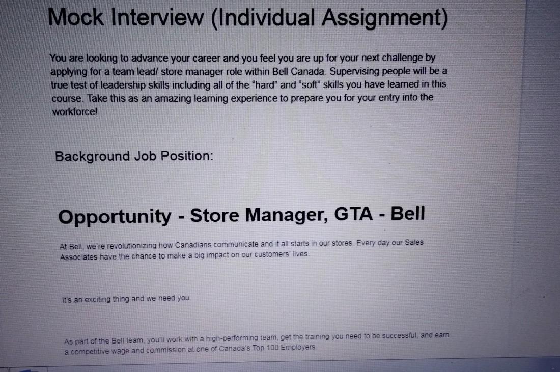 Mock Interview (Individual Assignment) You are