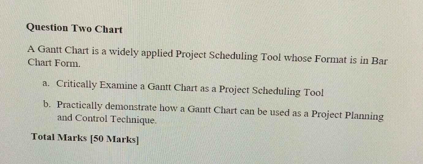 Question Two Chart A Gantt Chart is a widely