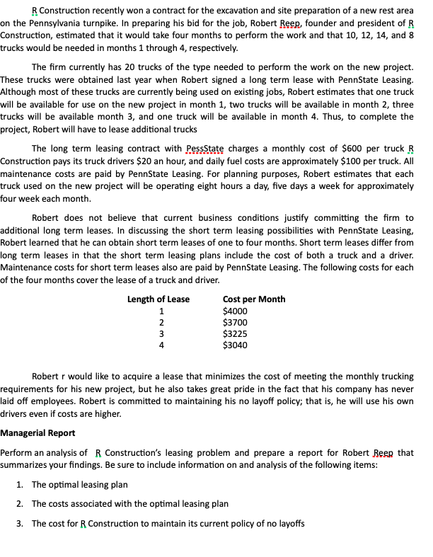 Please answer in excel thank you R Construction