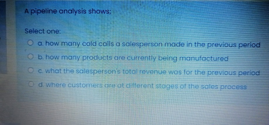 Sales A pipeline analysis shows; Select one: O a.