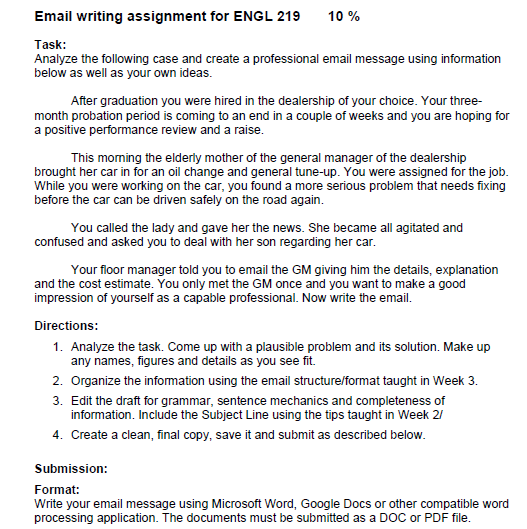 Email writing assignment for ENGL 219 10 % Task: