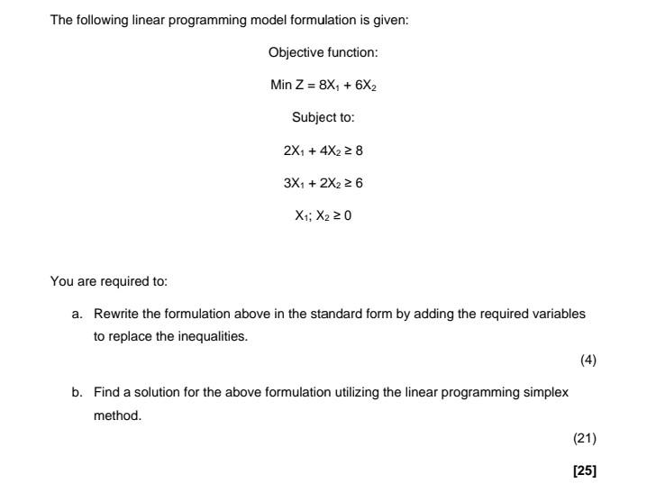 Operational Research The following linear