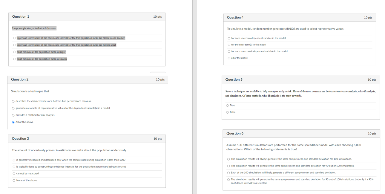 Question 1 10 pts Question 4 10 pts Large sample